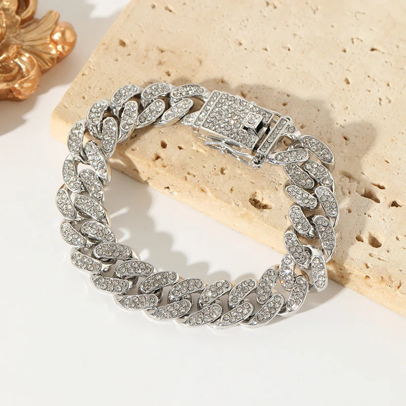 Silver Color Thick Cuban Necklace Bracelet Set For Women Punk Zircon