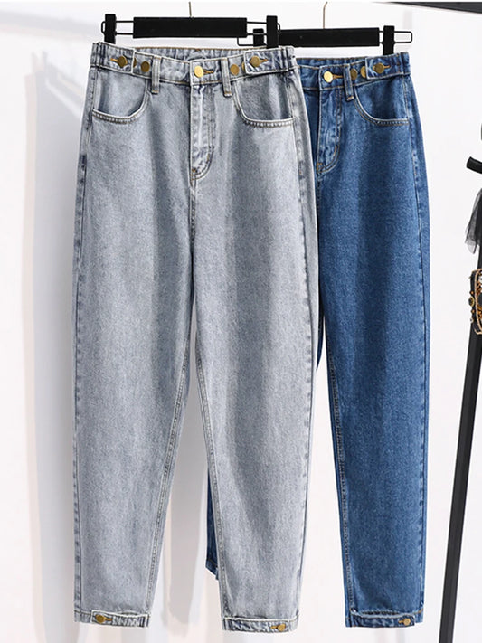 Plus Size Jeans For Women High Waist Buttons Up Korean Fashion Large Size