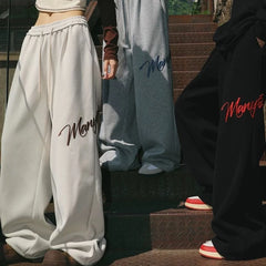 Gray Hip Hop Jazz Pants Men Women Fashion Letters Embroidery Loose Wide Leg