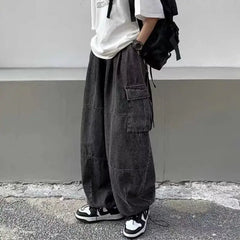 Spring Autumn Men Baggy Jeans Men Wide Leg Pants Big Pockets Elastic