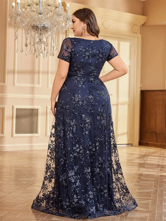 Plus Size Elegant Floral Blue Tulle V-Neck Evening Dress Women Cocktail Dress