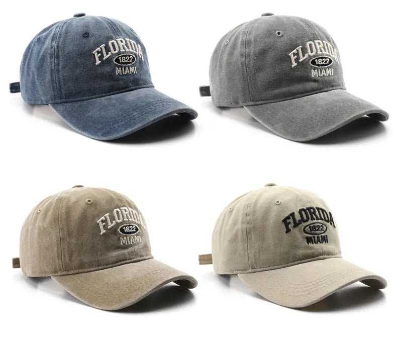 Vintage Washed Cowboy Baseball Cap for Men Women FLORIDA Embroidery Sun Cap Casual Snapback Hip Hop Hat Curved Brim Soft Top Hat