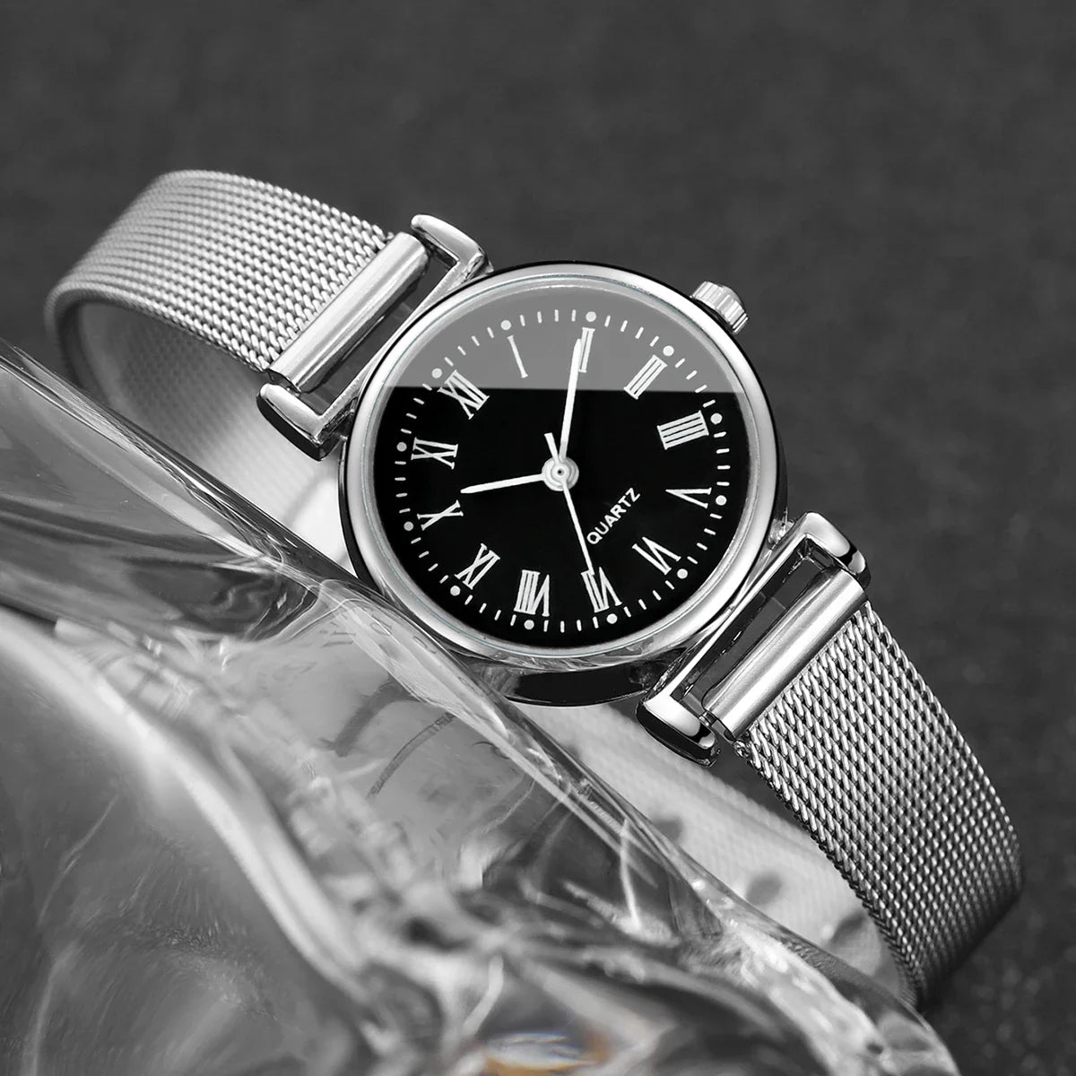 2PCS Fashion Women Quartz Watch Steel Mesh Band Watches Opening Cuff Bracelet Bangle Set（Without Box）