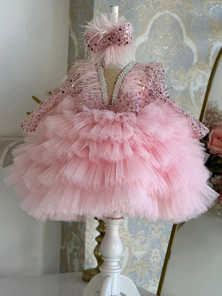 Gorgeous and elegant V-neck sequin long sleeved girl's dress for children's piano performance runway performance mesh cake dress