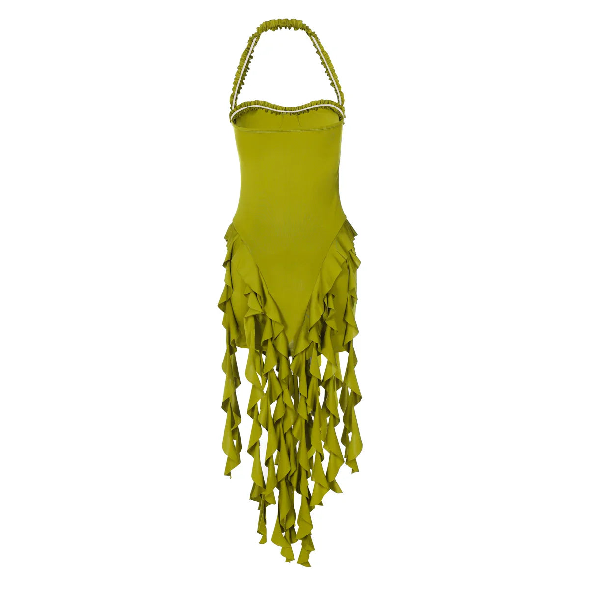 Hugcitar Elegant Halter Solid Ruffles Backless Taseel Sexy Slim Mini Dress Spring Women Cute Outfits Birthday Party Vacation