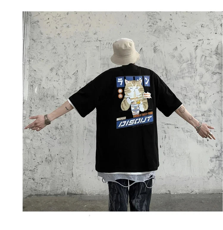 Harajuku Cat Cartoon Eating Noodles Graphic Men Women Tshirts Casual Short Sleeve Tees Japan Style Oversized T Shirt Clothing