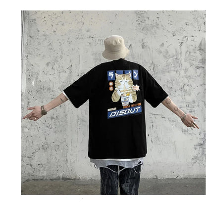 Harajuku Cat Cartoon Eating Noodles Graphic Men Women Tshirts Casual Short Sleeve Tees Japan Style Oversized T Shirt Clothing