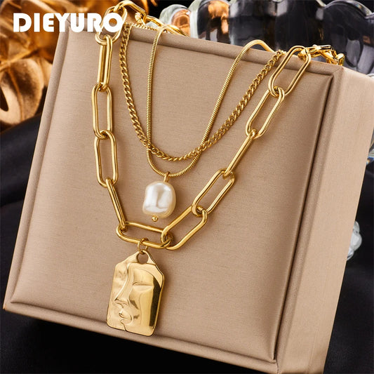 Stainless Steel 3-Layer Pearl Square Portrait Pendant Necklace For Women Punk Street