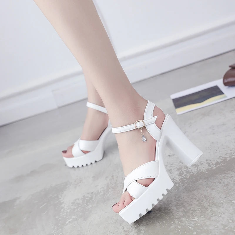 Sandals for Women One Word Summer 2024 Block Heel Ladies Shoes Wedge with Platform Waterproof Footwear Chunky Super-high Beige