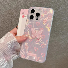 For iPhone 15 Pro 16 Plus 14 Pro Max 13 12 11 X XS XR 7 8 SE Romantic Pink Heart Butterfly Lustre Lining Hard High Phone Case