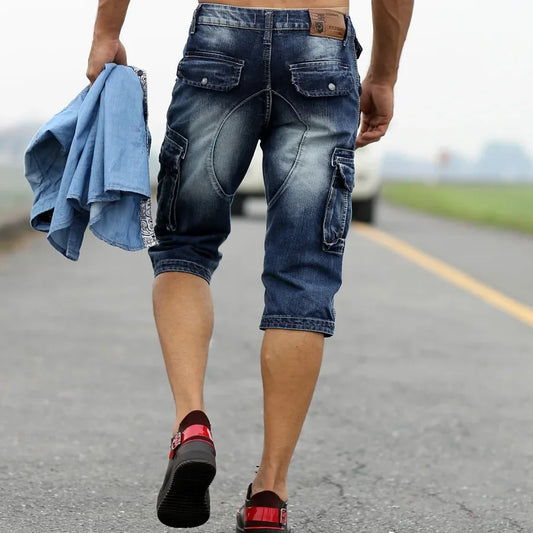 Mcikkny Vintage Men's Fashion Cargo Denim Shorts With Multi Pockets Slim Fit Military Jeans Shorts For Male Washed