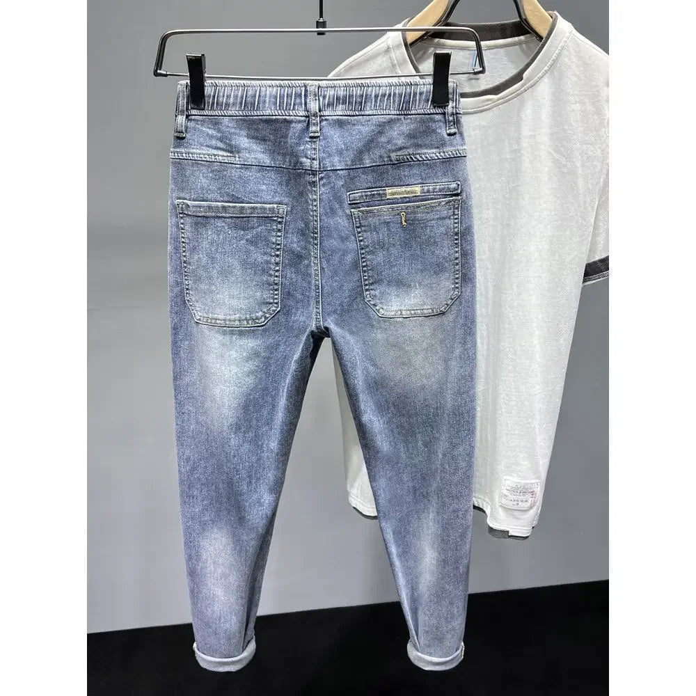Men Jeans Overalls Elastic Drawstring Cargo Washed Clothing Tapered Baggy