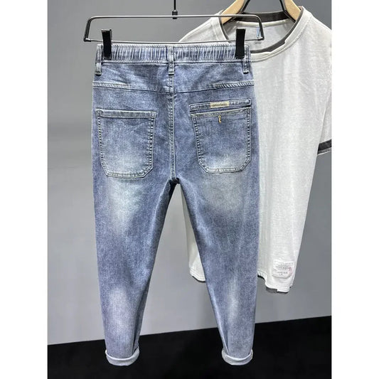 Men Jeans Overalls Elastic Drawstring Cargo Washed Clothing Tapered Baggy