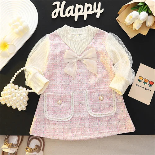 Spring Autumn Dresses For Baby Girls  Cute Bow Mesh Plaid Long Sleeve