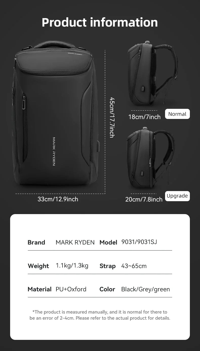 MARK RYDEN Business Backpack for Men Waterproof and Travel Laptop Backpack with USB Charging, Fits 17 Inch Laptop and Tech Gear