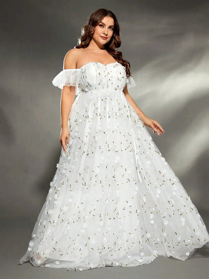 Mgiacy plus size  Line collar three-dimensional embroidered retraction mesh big swing wedding dress Evening gown ball dress