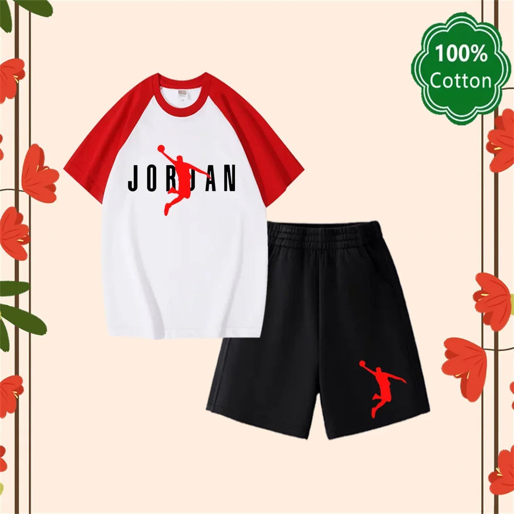 Summer New 3-14 Years Old Top Design Classic Set 100% Cotton Jordan Print T-shirt Casual Shorts Harajuku Boys/girls Gift