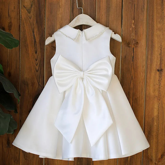 Baby Girl Princess Pearl Collar Silk Dress Sleeveless Infant Toddler Vintage Bow Vestido