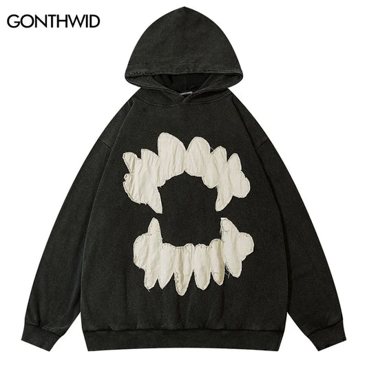 Vintage Mens Hoodie Sweatshirt Y2K Grunge Hip Hop Ripped Embroidery Teeth Patch Hooded Streetwear Harajuku Punk Gothic Pullover