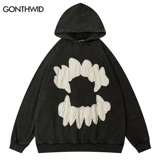 Vintage Mens Hoodie Sweatshirt Y2K Grunge Hip Hop Ripped Embroidery Teeth Patch