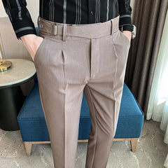 Fashion Mens Suit Pants High-waist Solid Color Business Slim Fit Formal Wedding Social Dress