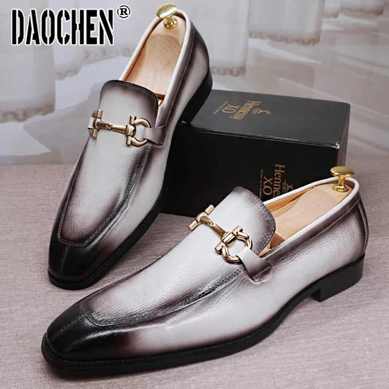 Luxury Men Leather Shoes Black White Horsebit Loafers Slip on Formal Men Dress Shoes Wedding Office Casual Shoes For Men