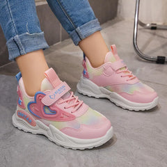 Girls Sports Shoes Kids Running Shoes Pink Breathable Air Mesh Heart Sweet Sneakers