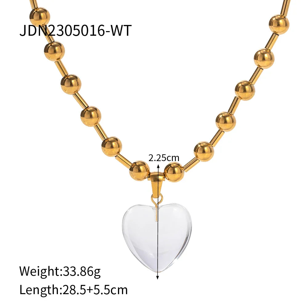 Youthway Delicate Clear Glass Heart Stainless Steel Necklace Bracelet Set Waterproof Golden Trendy Jewelry Boucle Oreille Femme