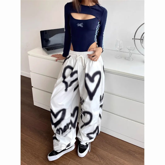 Love Graffiti Wide Leg Pants Women Y2K Elastic High Waist Streetwear Loose Drawstring
