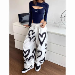 Love Graffiti Wide Leg Pants Women Y2K Elastic High Waist Streetwear Loose Drawstring