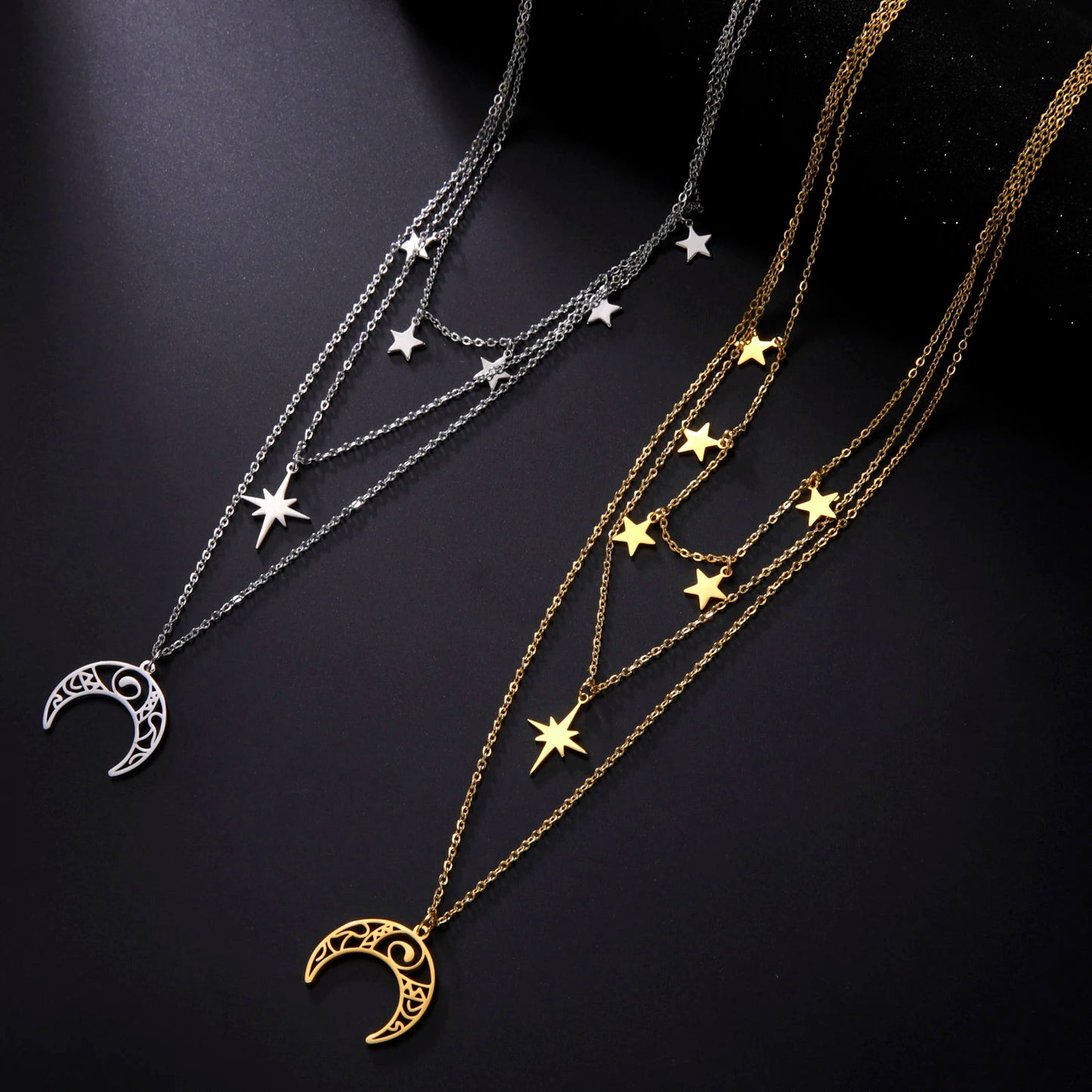 Teamer Three Layer Witchy Necklace for Women Star Moon Stainless Steel Necklaces
