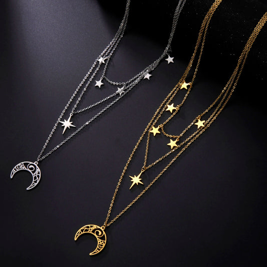 Teamer Three Layer Witchy Necklace for Women Star Moon Stainless Steel Necklaces