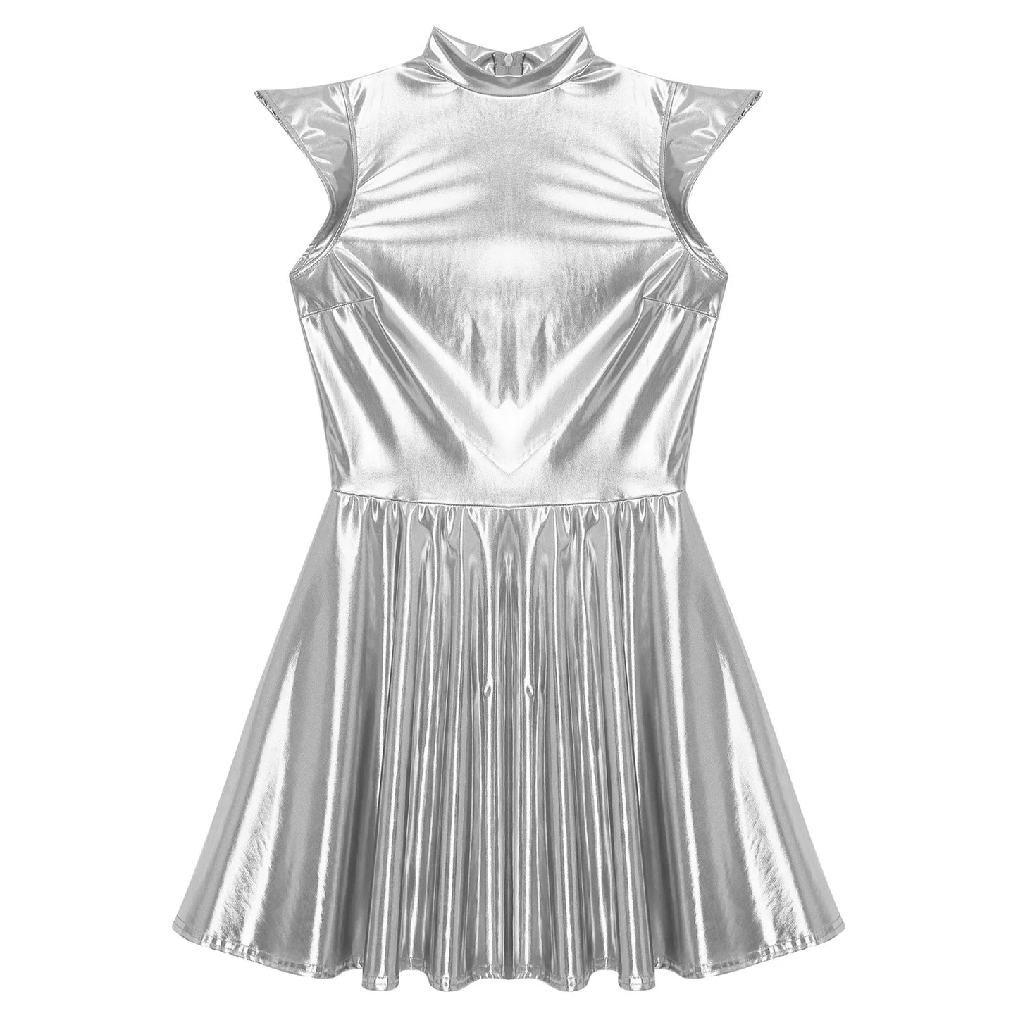 Womens Cocktail Dress Shiny Metallic Dress Alien Space Cap Sleeve High Waist A-line Dress for Halloween Party High Street Dress