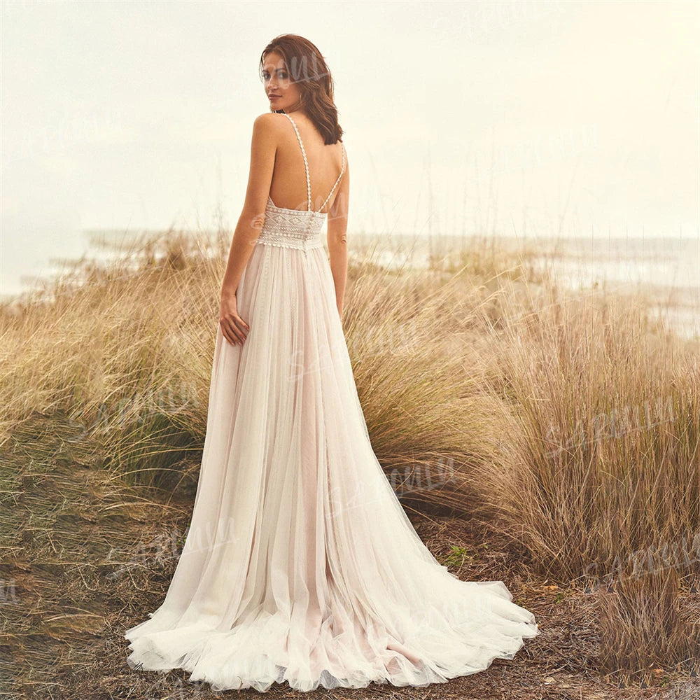 Spaghetti Straps A-line Wedding Dress V-neck Backless Tulle Bride Dresses Wedding