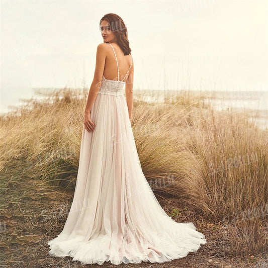 Spaghetti Straps A-line Wedding Dress V-neck Backless Tulle Bride Dresses Wedding