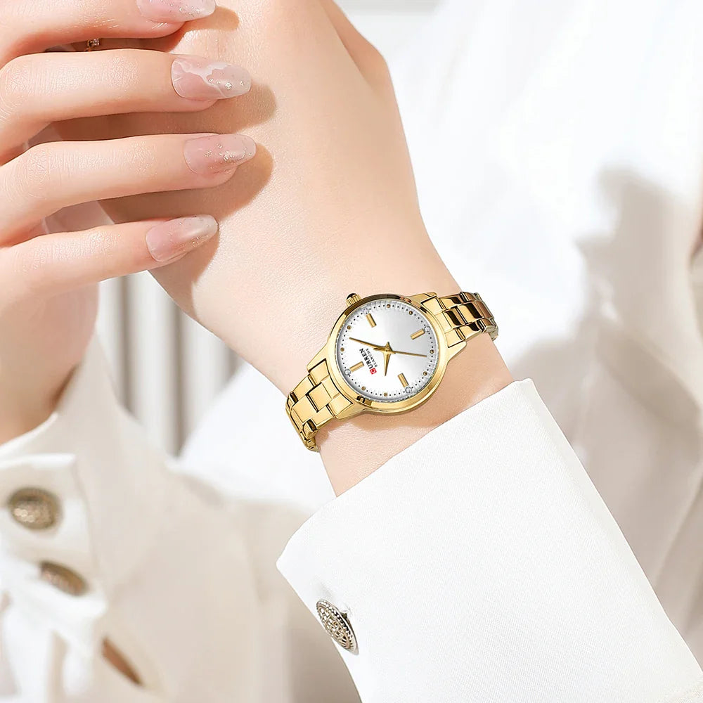 CURREN Simple Round Dial Fashion Dress Quartz Watches for Ladies with Stainless Steel Bracelet Luxury Wristwatches