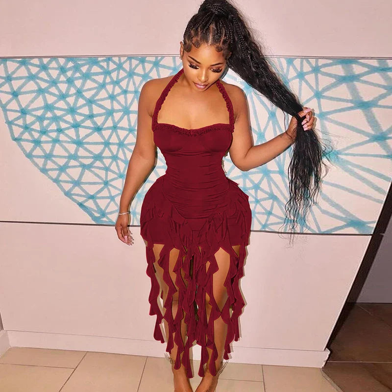 Hugcitar Elegant Halter Solid Ruffles Backless Taseel Sexy Slim Mini Dress Spring Women Cute Outfits Birthday Party Vacation