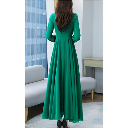 Plus Size Spring Autumn Women Maxi Dresses Female Vintage Full Sleeve Solid Casual Chiffon Dress Woman Bohemian Long Dresses