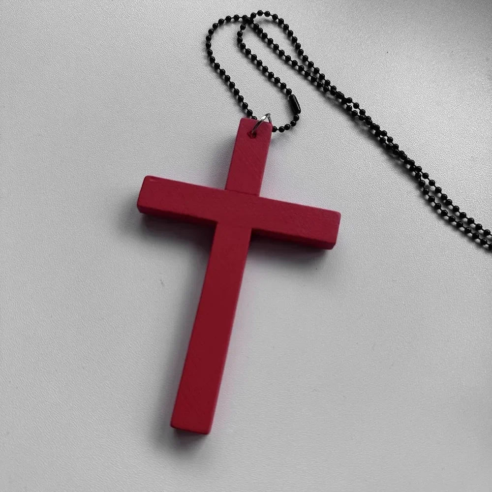 New Gothic Cool Y2K Wood Cross Pendants Necklaces Unisex Black White Red Hip Hop Charm Chain Choker Necklace Fashion Jewelry