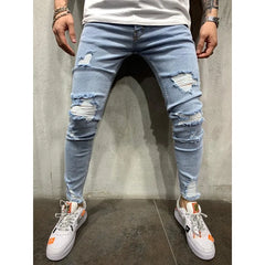 Slim Ripped Jeans Distressed Pants for Men Hip Hop Knee Hole High Street Pants