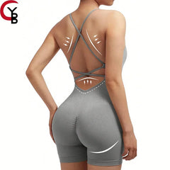 Yoga Criss Cross Backless Cami Sports Romper,Women's Jumpsuits Ribbed One Piece