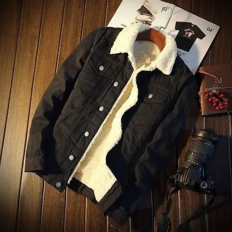 Denim Jackets Man Padding with Sheep Jeans Coat for Men Padded Wool Black Warm