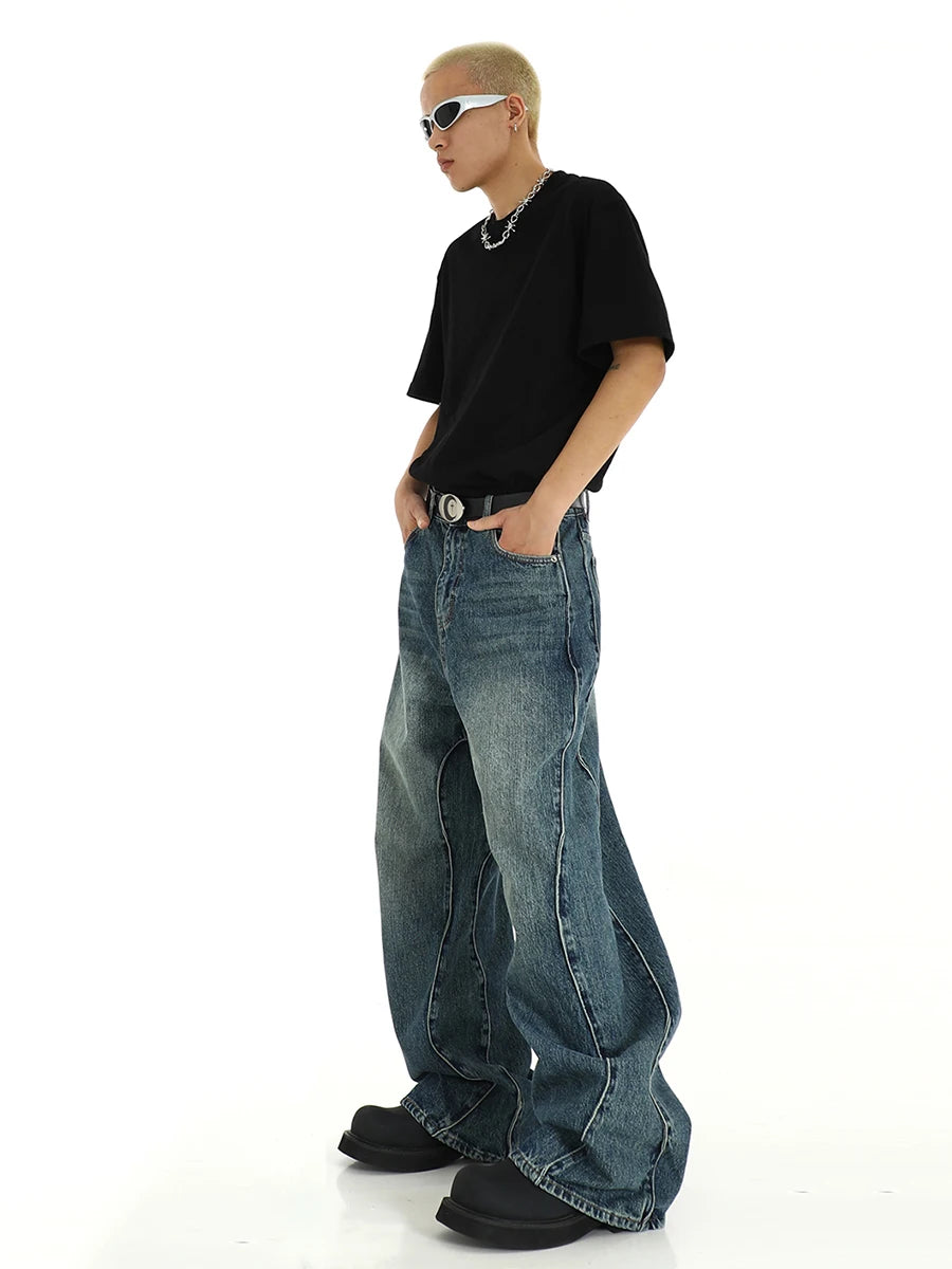 Twisted Seam Men Baggy Jeans, Retro Blue Whiskers Patchwork