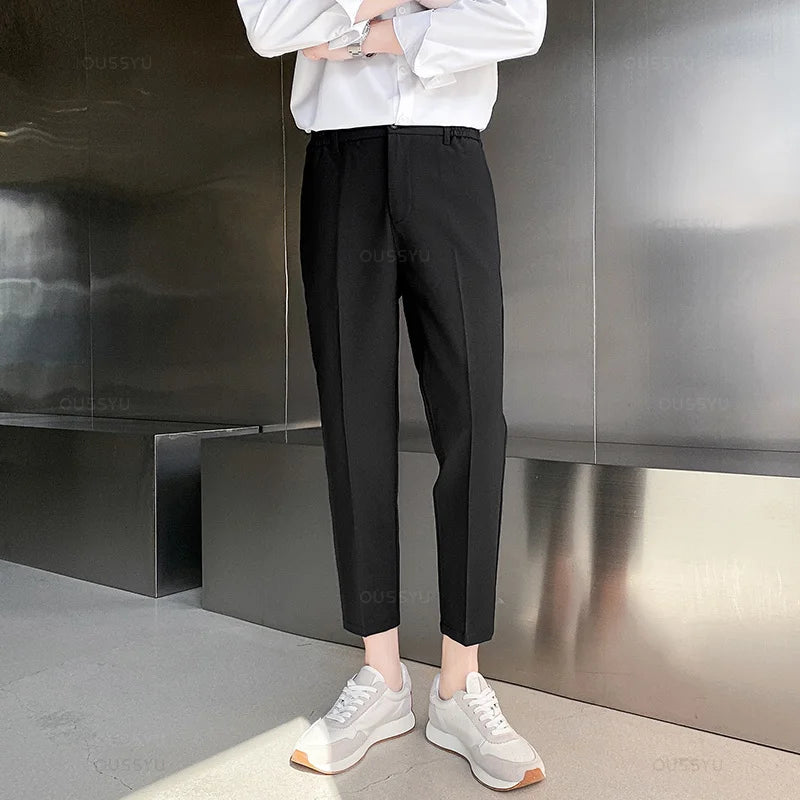 Men Stretch Business Elastic Waist Slim Ankle Length Pant