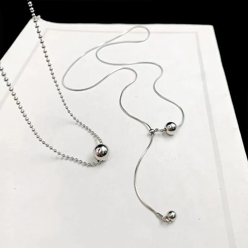 LATS Personality Stainless Steel Beaded Ball Pendant Necklace for Women Silver Color Double Layer Hip Hop Rock Chokers Jewelry