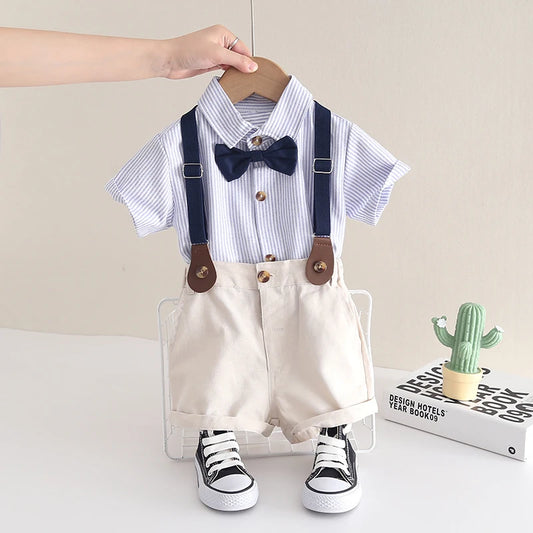 New Summer Kids Boy's Clothes Suits Children Blue Striped Shirt Bib Shorts 2Pcs/Set Gentleman Toddler Baby Tracksuits 0-5 Years