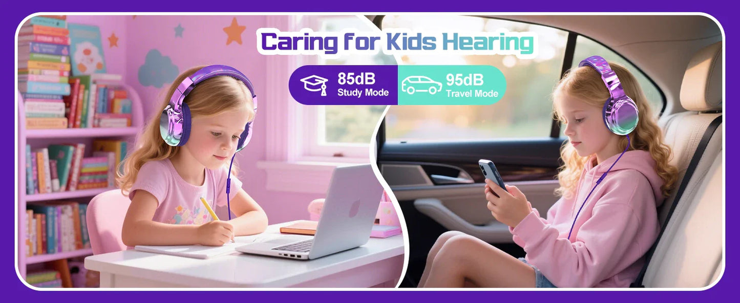 Kids Headphones Wired for School 85/94dB Volume Limiter Foldable Stereo Sound Headset with Mic for Kids Girls Learning Tablet PC