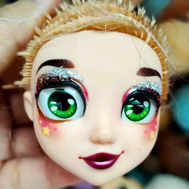 Quality Doll Heads Sparkly Alive Glasses Eyes No Hair Doll Parts White Purple Gold Hair Blue Black Skin Doll Accessories