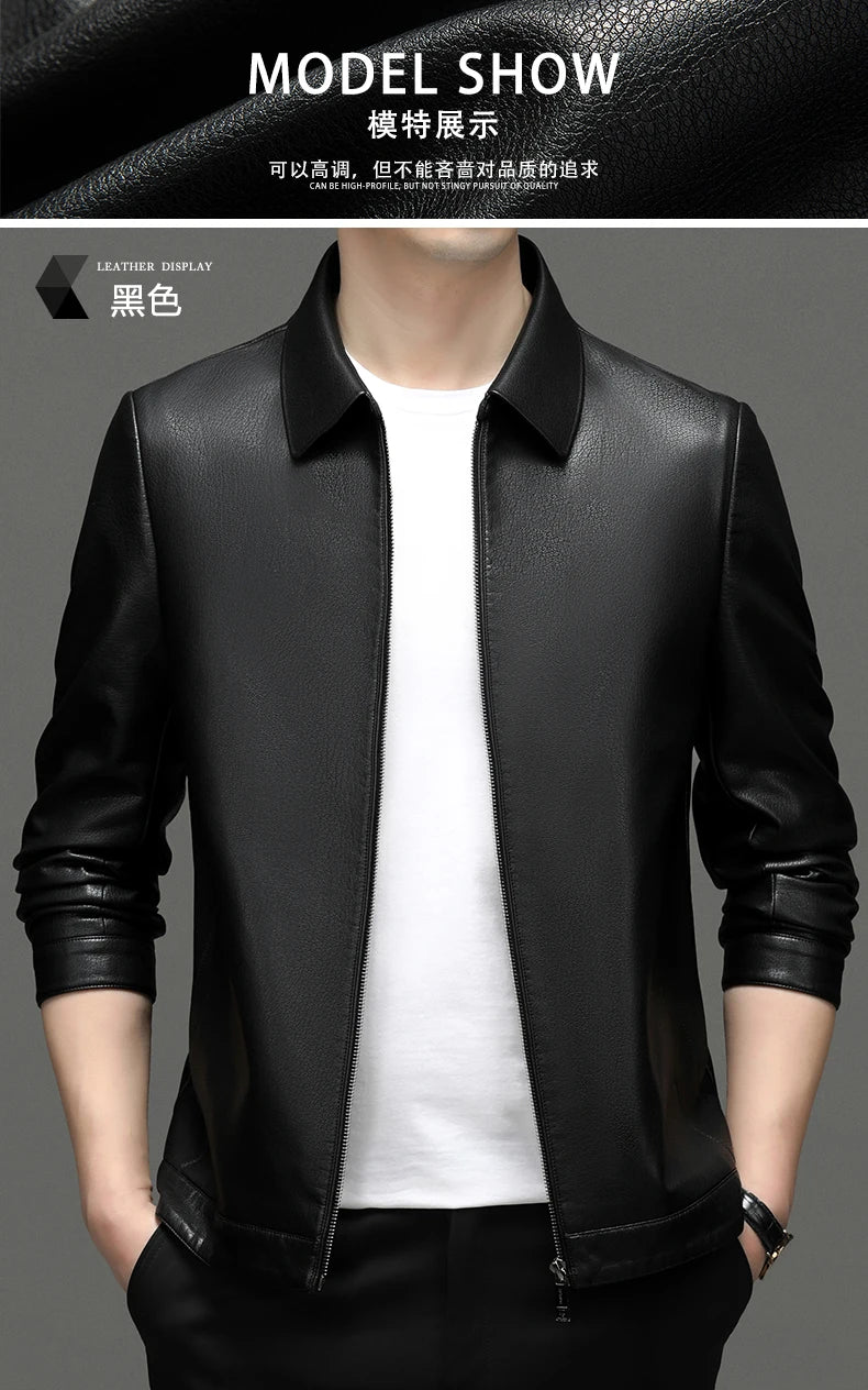 Spring and Autumn Men's Genuine Leather Polo Mock Neck Jacket Fashion
