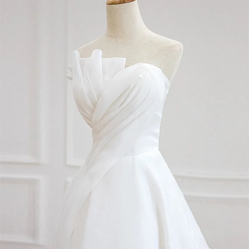 Homecoming Dresses: White Satin Chiffon Strapless Wedding Trailing Dresses for Bride